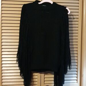 Boho Chic Black Fringe Sleeve Knit Sweater sz M